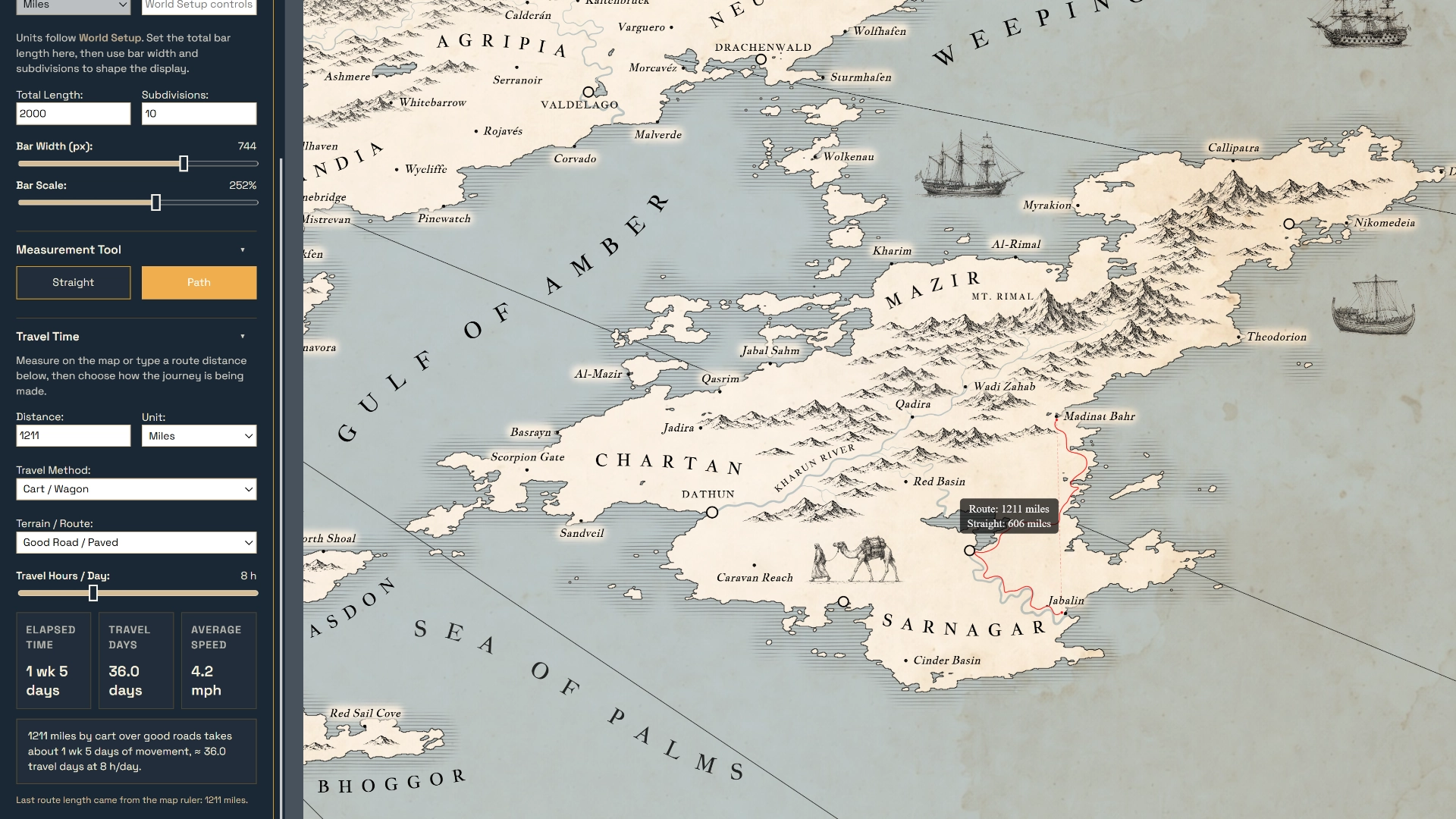 Fantasy map showing measured routes and travel-time tools